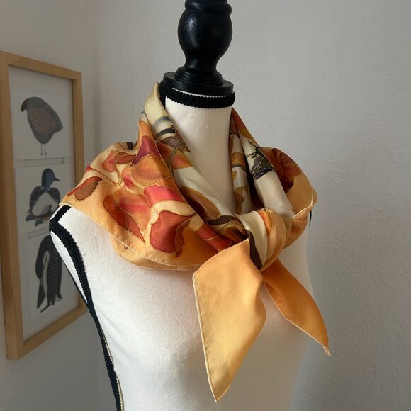 Lovely 100% Silk Scarf Print 34 inches square floral orange yellow but with SNAG - Picture 4 of 8